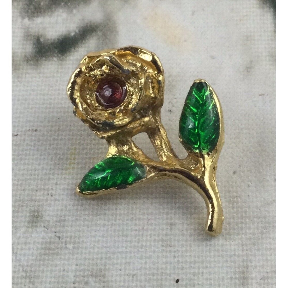 Lapel Pin Rose‎ Gold Toned Green Leaves Rhinestone Bud